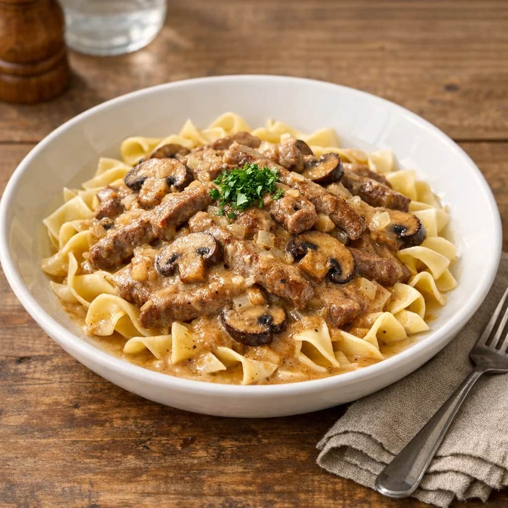 Beef Stroganoff Recipe - Classic Beef Stroganoff with tender strips of beef in an indulgent creamy mushroom sauce, served over noodles.