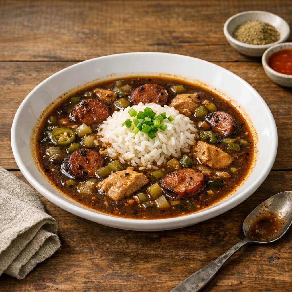 Cajun Gumbo - A rich, hearty Cajun gumbo featuring a deeply flavored dark roux, tender chicken thighs, and smoky andouille sausage. Vegetables are toasted in the roux before simmering in a fortified chicken stock for maximum depth. Ready in about 2 hours for 6 servings of comforting, spicy stew.