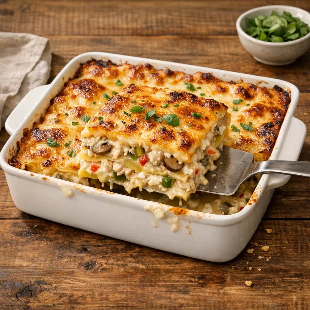 Chicken Lasagna - A creamy, layered lasagna featuring tender chicken, sautéed vegetables, and a blend of cheeses baked to golden perfection.