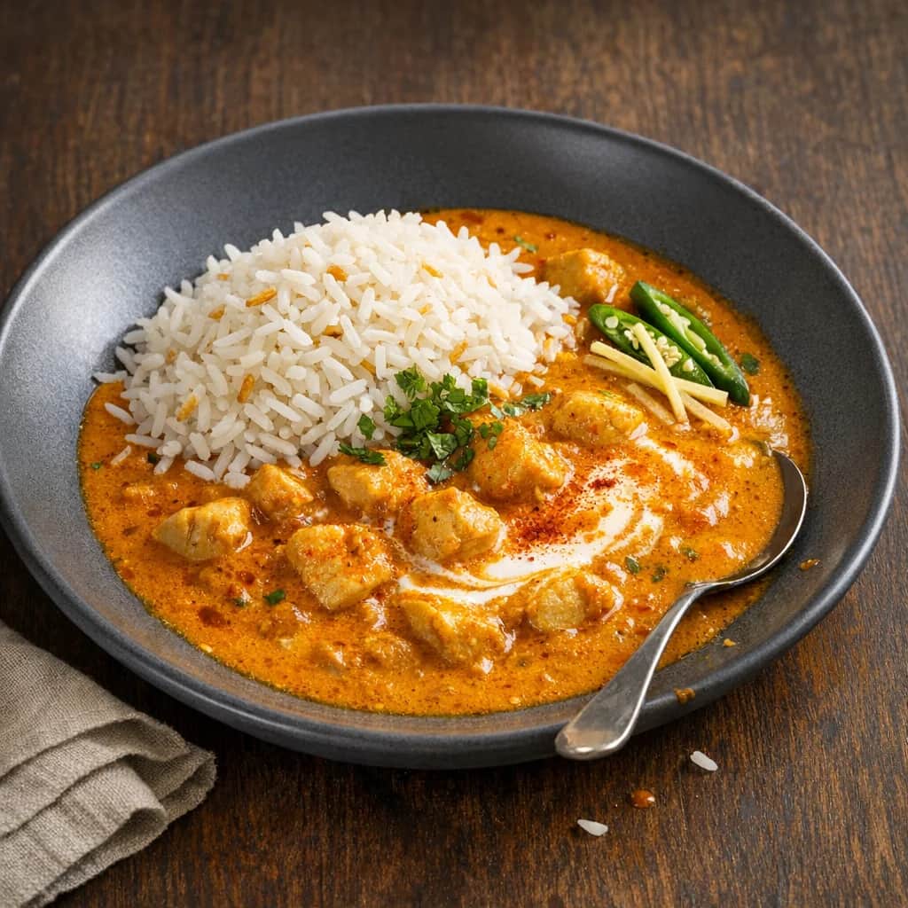 Creamy Chicken Curry with Basmati Rice - A simple, beginner-friendly Indian-style chicken curry served over fluffy basmati rice. This one-pan dish uses a homemade curry spice blend, enriched with heavy cream and a touch of chili powder for balanced warmth.