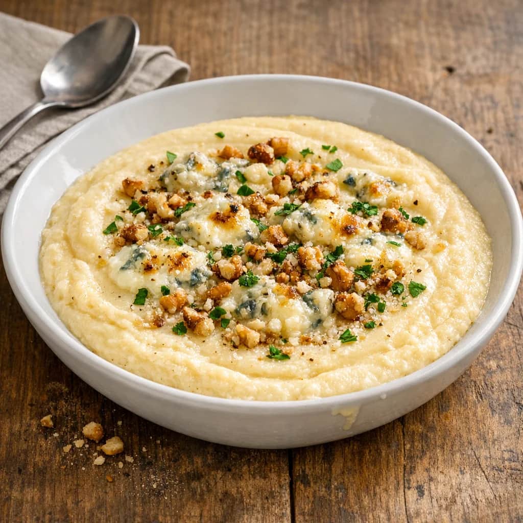 Creamy Polenta with Mascarpone - Creamy polenta cooked in milk until thick, then finished with mascarpone, salt, and white pepper. Topped with Gorgonzola and briefly broiled, then finished with toasted walnuts and parsley.