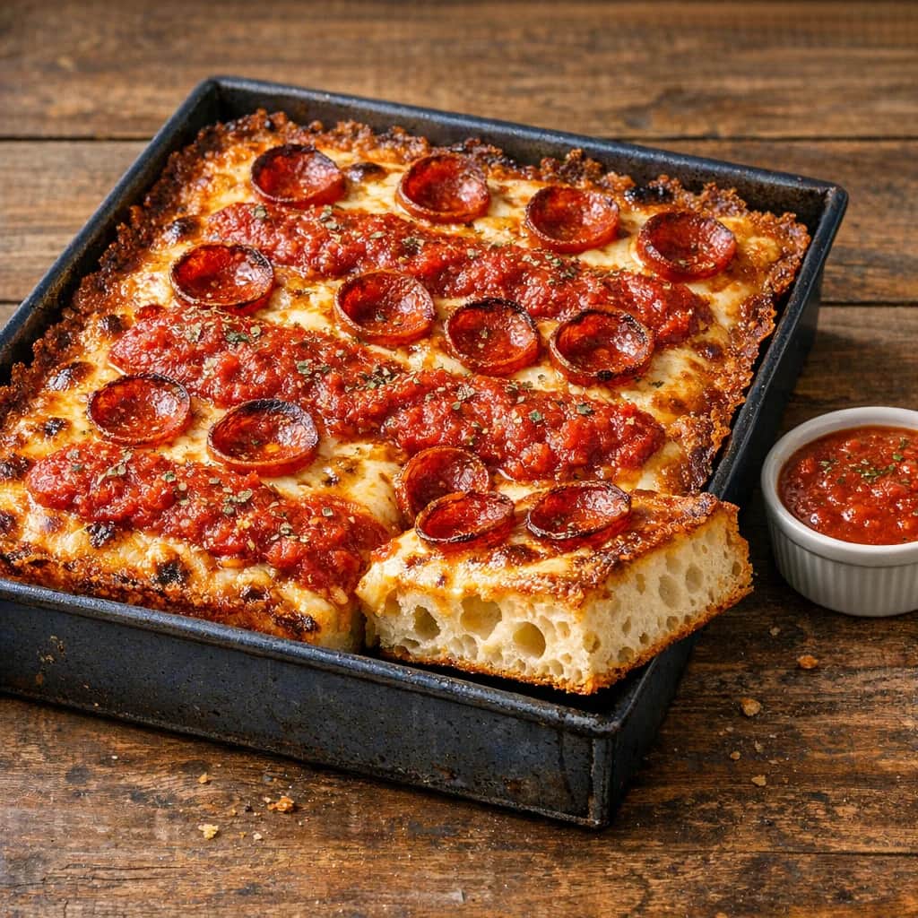 Detroit-Style Pizza - A classic Detroit-style pizza featuring a rectangular, airy crust with crispy, caramelized cheese edges, topped with pepperoni and signature tomato sauce stripes. Perfect for sharing, this pizza combines a light interior with a crunchy exterior.