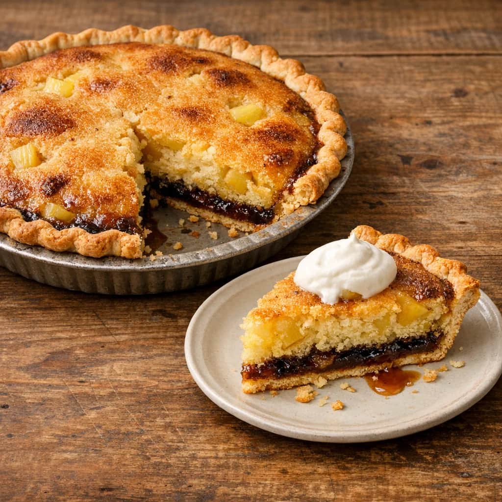 Dutch Funny Cake - A vintage-style pineapple cake baked in a pie shell with a buttery brown sugar sauce beneath. The batter rises into the sweet sauce and pineapple, creating a moist, caramelized dessert perfect with whipped cream.