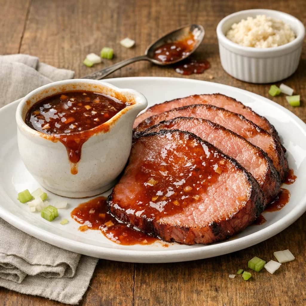 Ham BBQ Sauce - A tangy, slightly spicy BBQ-style sauce for glazing ham slices, combining celery, onion, ketchup, and horseradish for a flavorful finish. Adjust the salt when scaling up to avoid over-seasoning.