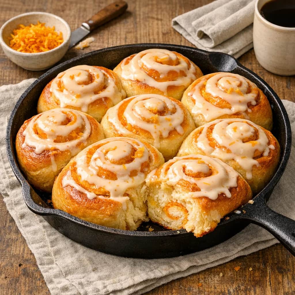 Sunrise Swirl Orange Rolls - Soft, sweet yeast rolls filled with a bright citrus orange filling and finished with a creamy orange glaze. These make 8 large, tender breakfast rolls perfect for brunch or a special treat.