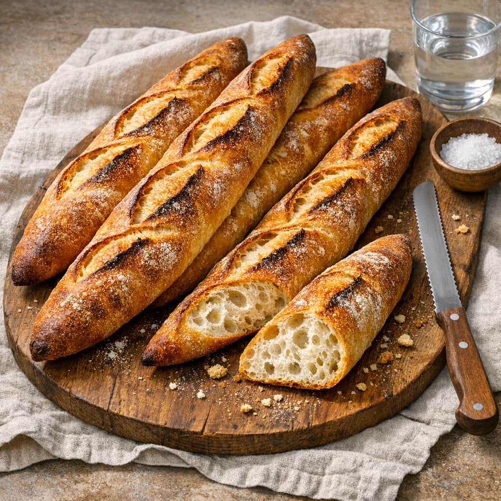 The 5 Minute Baguette - Delicious homemade French baguettes with a no-knead method requiring only 5 minutes of hands-on work. The dough rises for 8–10 hours and bakes in 25 minutes to yield four warm, crusty baguettes.
