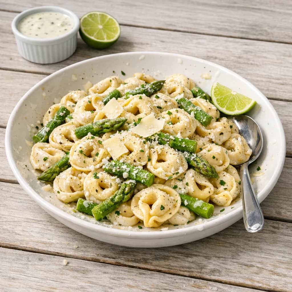 Tortellini-Asparagus Salad - A simple, chilled pasta salad featuring cheese tortellini and fresh asparagus in a tangy ranch–lime dressing. Perfect make-ahead side for summer gatherings.
